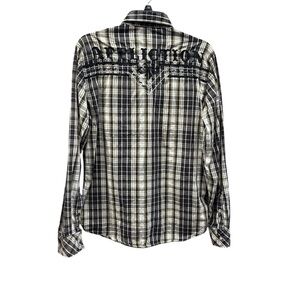 Affliction Black White Plaid Button-Down Shirt with Back Embroidery